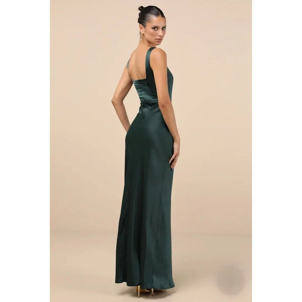 Lulus Red Carpet Romance Maxi Dress Womens Medium Green Satin Square Neck